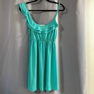Beautiful lightweight ruffle shoulder teal summer dress